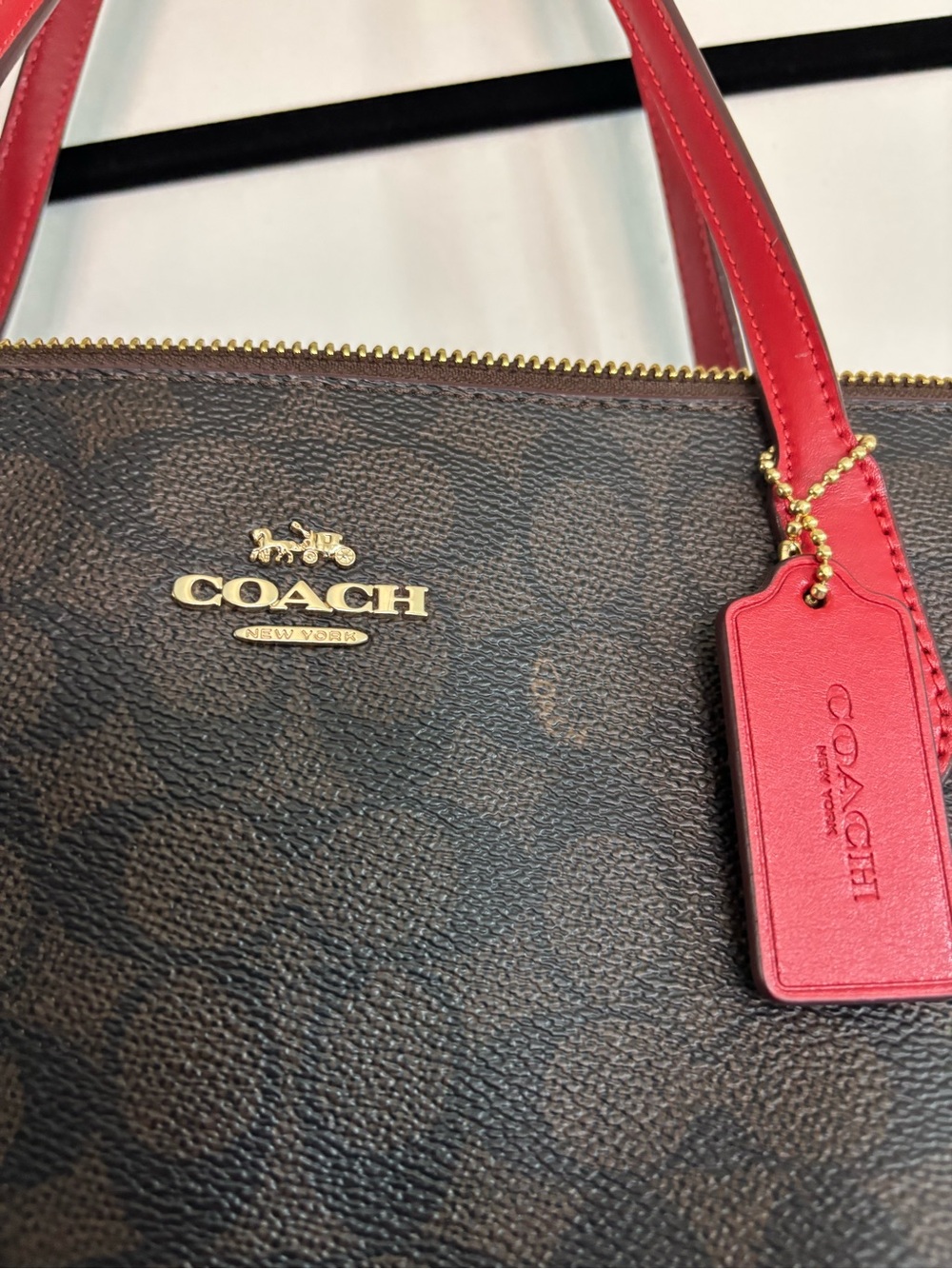 Coach Brown Signature Canvas Tote with Red Leather Accents